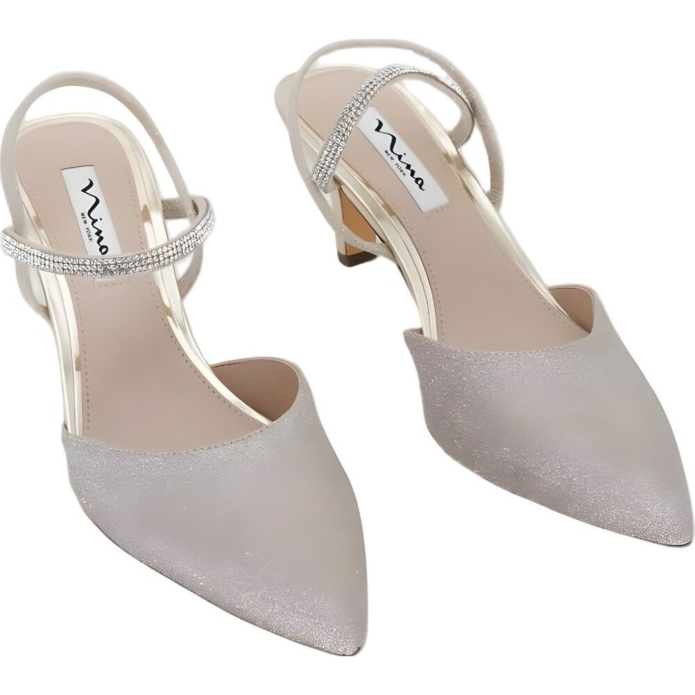 Nina Champagne Glitter Pointed Toe Slingback Heels with Rhinestone Strap